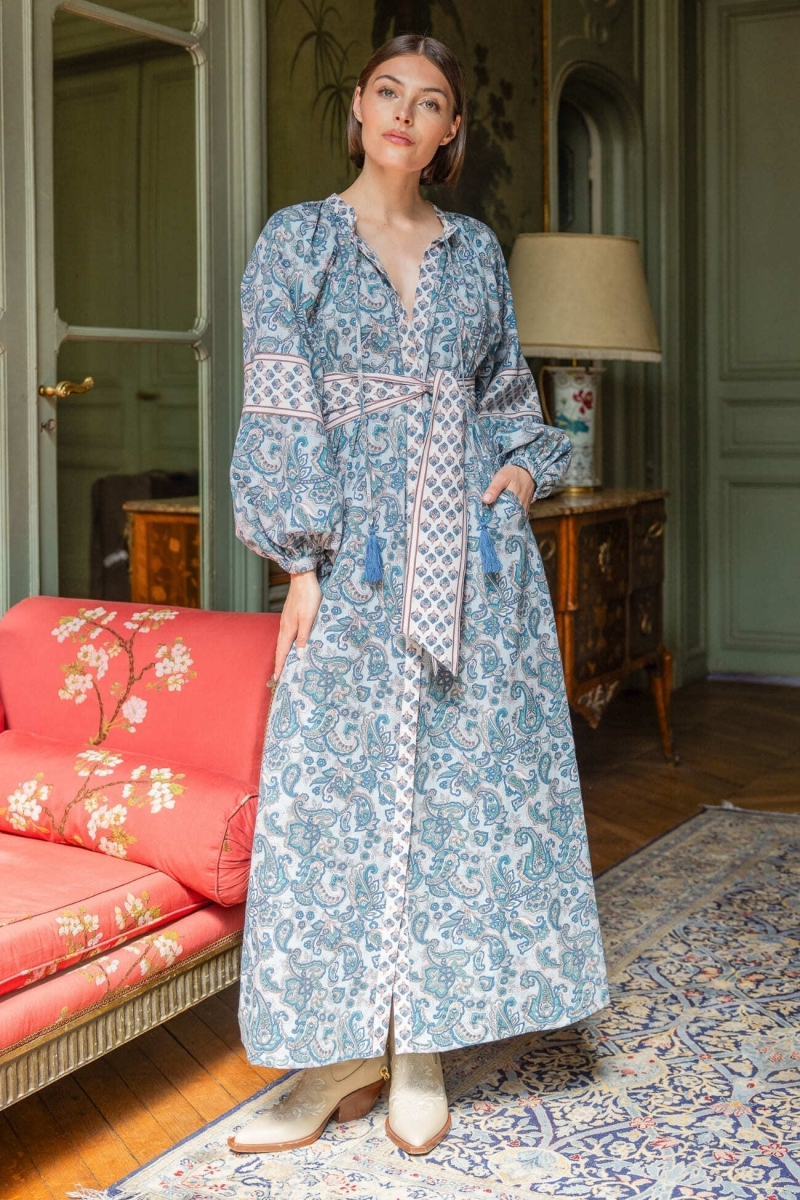 Robe longue Kim - 100% coton - boutons argentés - Miss June Paris -2
