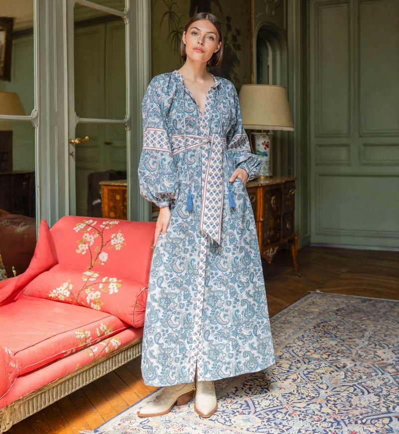 Kim long dress - 100% cotton - silvery buttons - Miss June Paris - 2