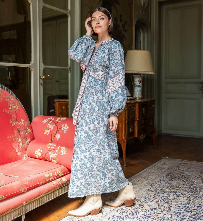 Vestido largo Kim - 100% algodón - botones plateados - Miss June Paris - 3