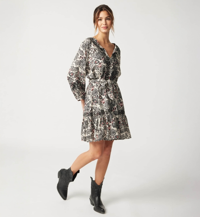 Dorine short dress - floral motif and black embroidery - Miss June Paris - 1