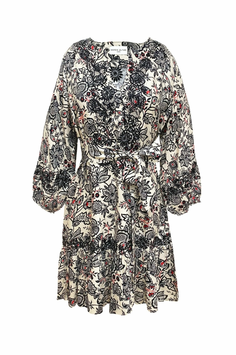 Robe courte Dorine - motif floral et broderie noire - Miss June Paris - 6