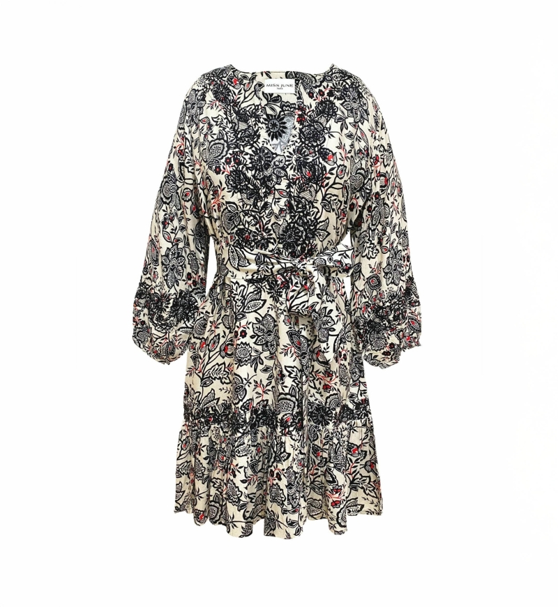 Dorine short dress - floral motif and black embroidery - Miss June Paris - 6