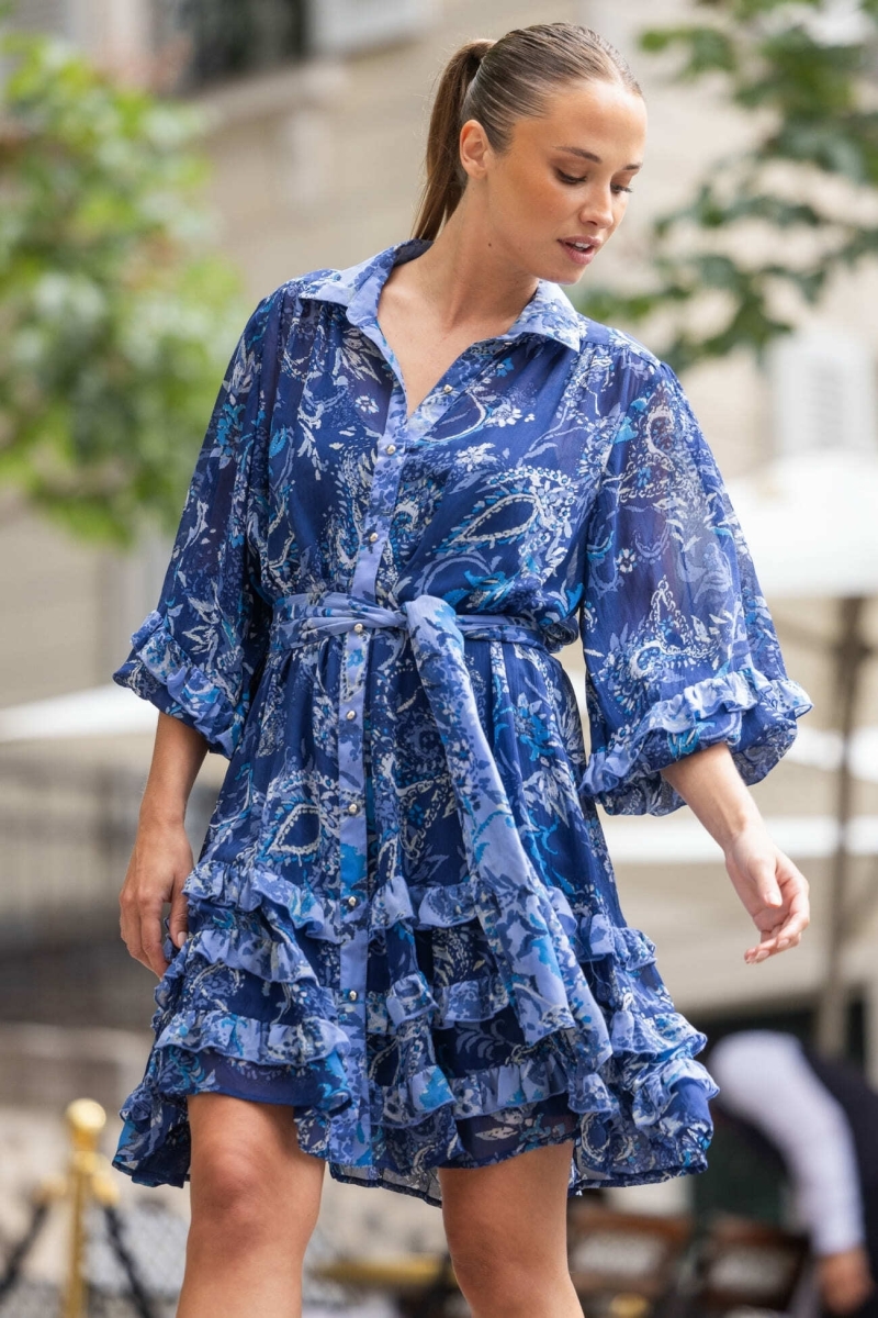 Robe blue courte Philippine - motifs blancs et bleus - Miss June Paris - 1