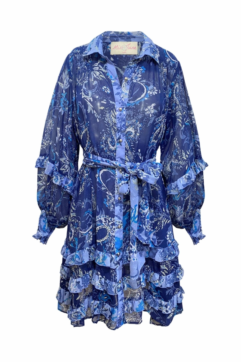 Philippine blue short dress - white and blue patterns - Miss June Paris - 6
