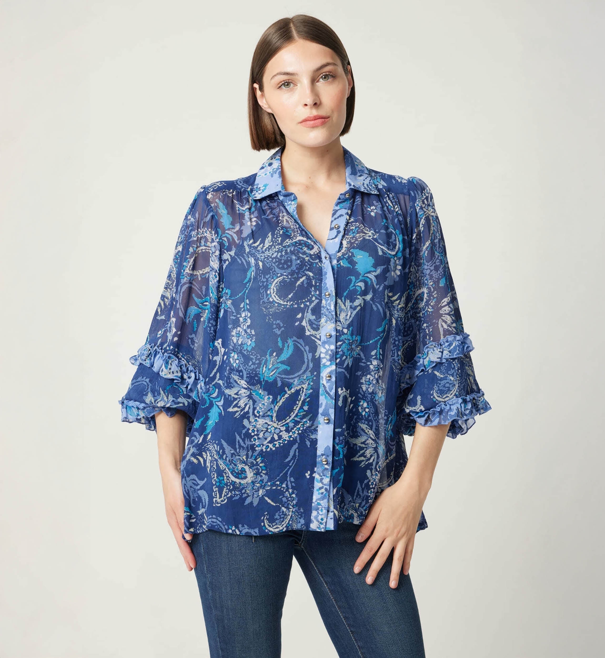 Ninon women's blue shirt - blue and white patterns - Miss June Paris - 4