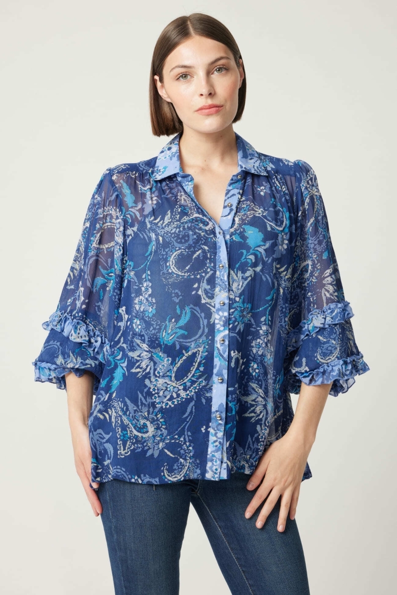 Ninon women's blue shirt - blue and white patterns - Miss June Paris - 4