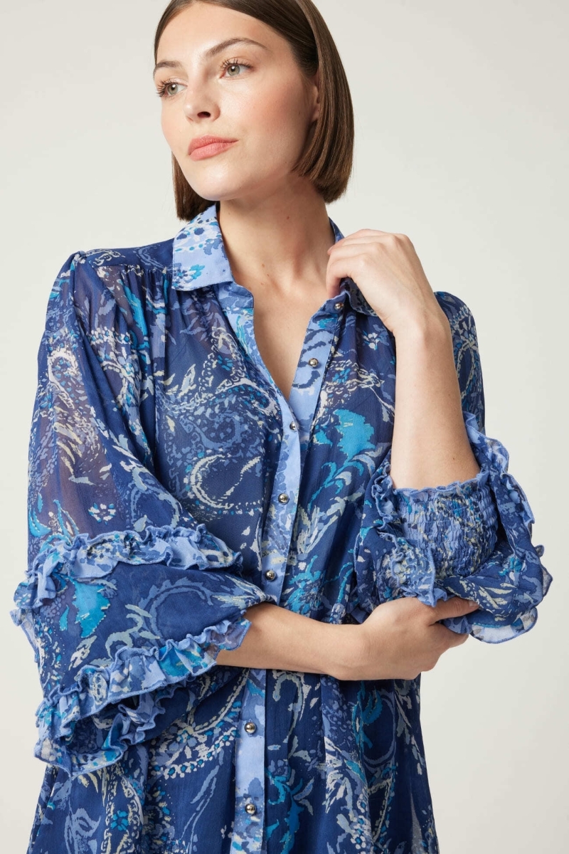 Chemise blue femme Ninon - motifs blues et blancs - Miss June Paris - 1