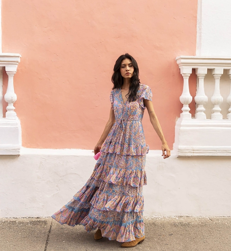 Anakarina long dress - color blue - pink and gold motifs - fluid drape - delicate ruffles - Miss June Paris - 2