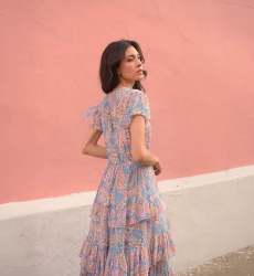 Anakarina long dress - color blue - pink and gold motifs - fluid drape - delicate ruffles - Miss June Paris - 4