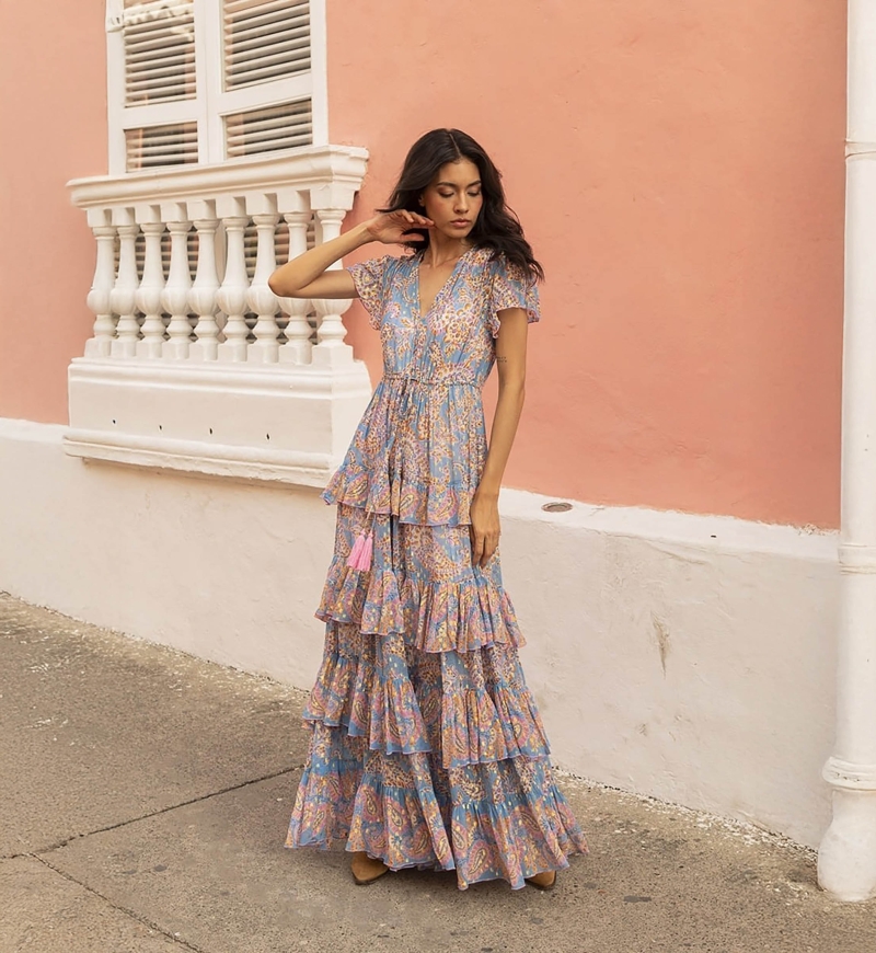 Anakarina long dress - color blue - pink and gold motifs - fluid drape - delicate ruffles - Miss June Paris - 1