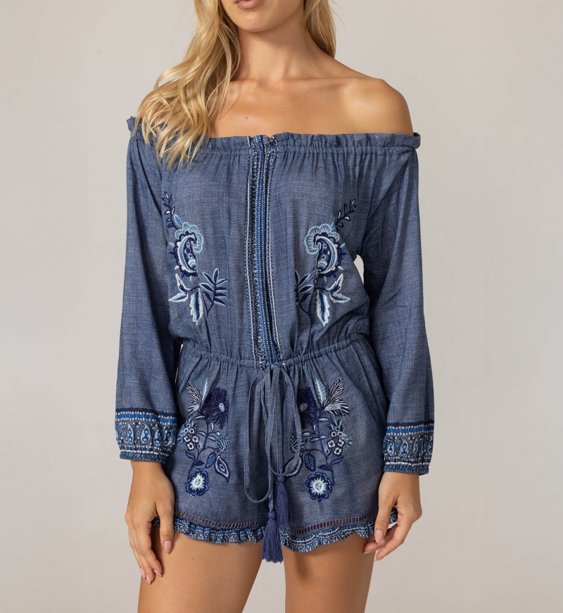 Alba off-shoulder romper - adorned with embroidery - 100% viscose - Miss June Paris - 5
