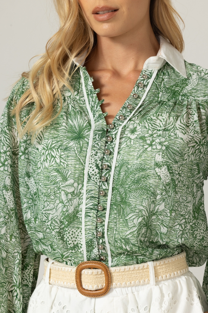Chemise Mona verte - Imprimé jungle - 100% voile de coton - Miss June Paris - 5