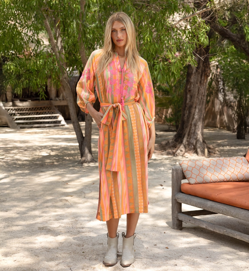 Robe longue Aiden - ornée de broderies - 100% coton - ceinture assortie - Miss June Paris - 2