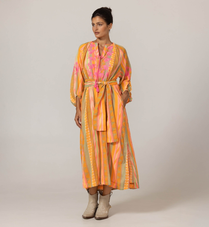 Aiden long dress - adorned with embroidery - 100% cotton - matching belt - Miss June Paris - 3