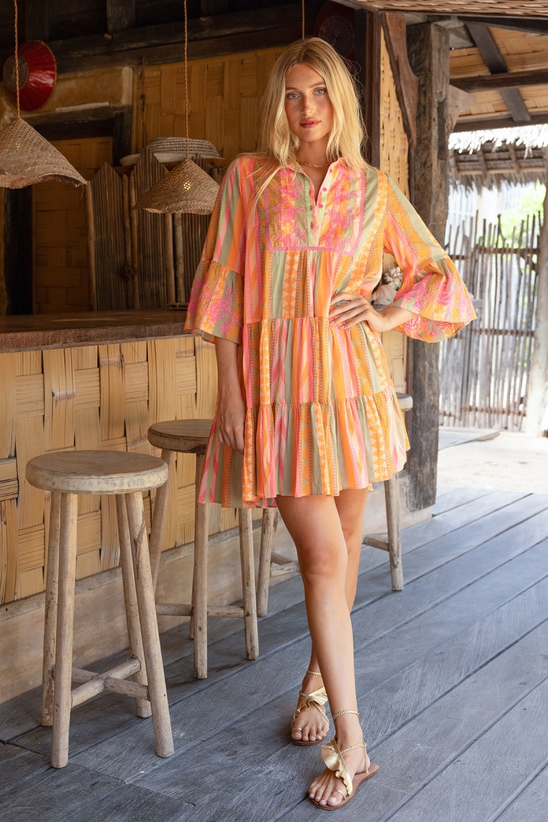 Vestido corto Akira - adornado con bordados - 100% gasa de algodón - rayas de colores vibrantes - Miss June Paris - 1