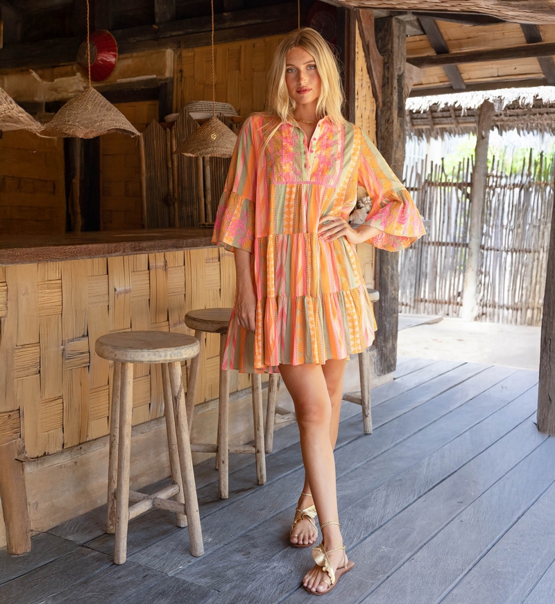 Akira short dress - adorned with embroidery - 100% cotton voile - vibrant striped pattern - Miss June Paris - 1