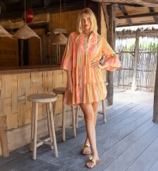 Akira short dress - adorned with embroidery - 100% cotton voile - vibrant striped pattern - Miss June Paris - 1