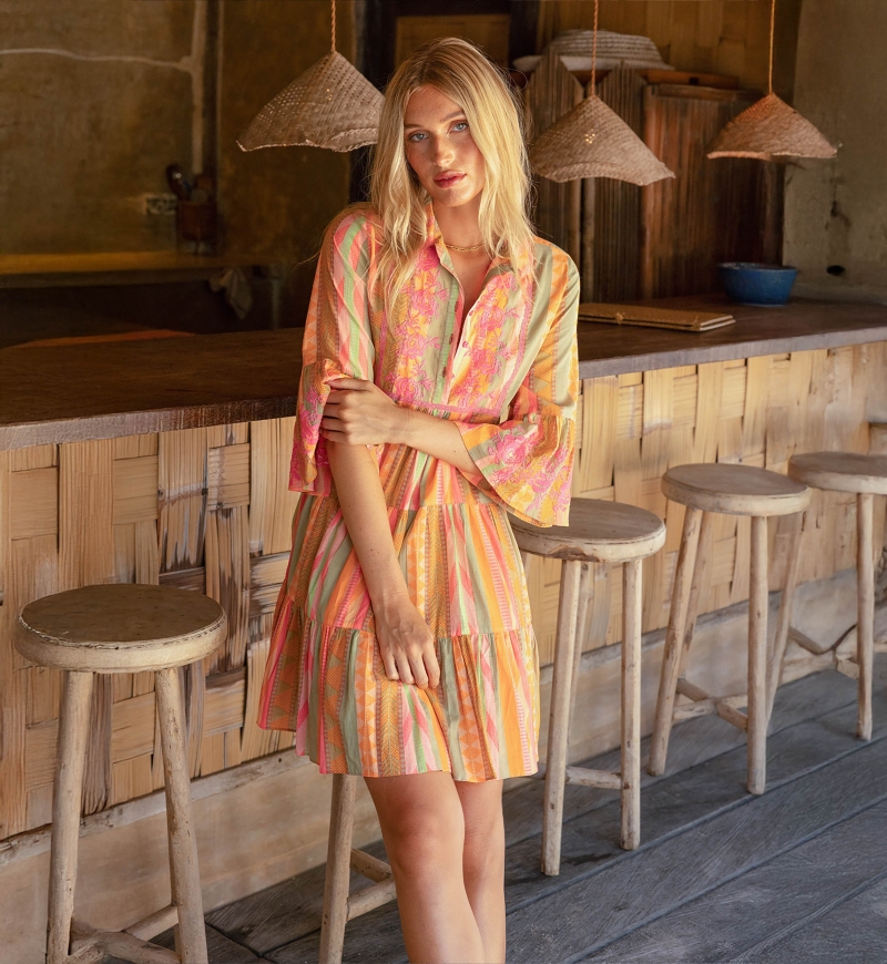 Akira short dress - adorned with embroidery - 100% cotton voile - vibrant striped pattern - Miss June Paris - 2