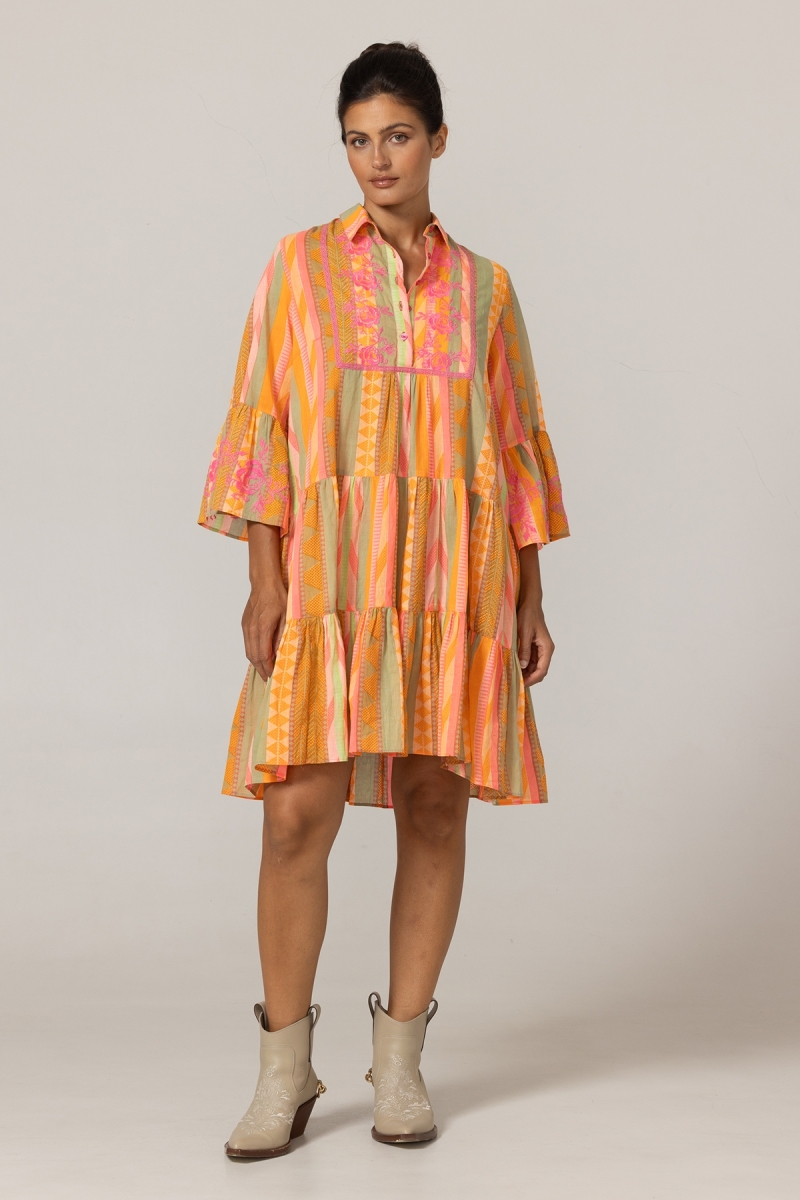 Robe courte Akira - ornée de broderies - 100% voile de coton - rayures aux couleurs vibrantes - Miss June Paris - 3