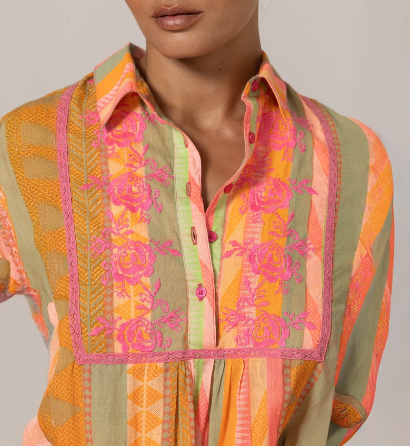 Vestido corto Akira - adornado con bordados - 100% gasa de algodón - rayas de colores vibrantes - Miss June Paris - 5