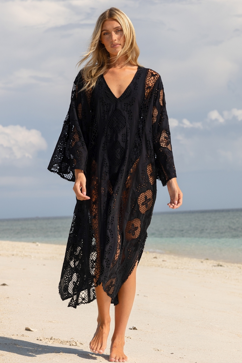 Caftan long Eden noir - Broderie anglaise - 100% coton - Miss June Paris - 1