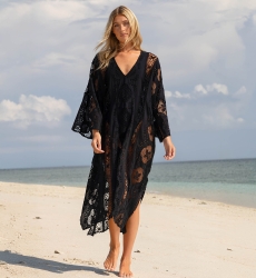 Caftan long Eden noir - Broderie anglaise - 100% coton - Miss June Paris - 1