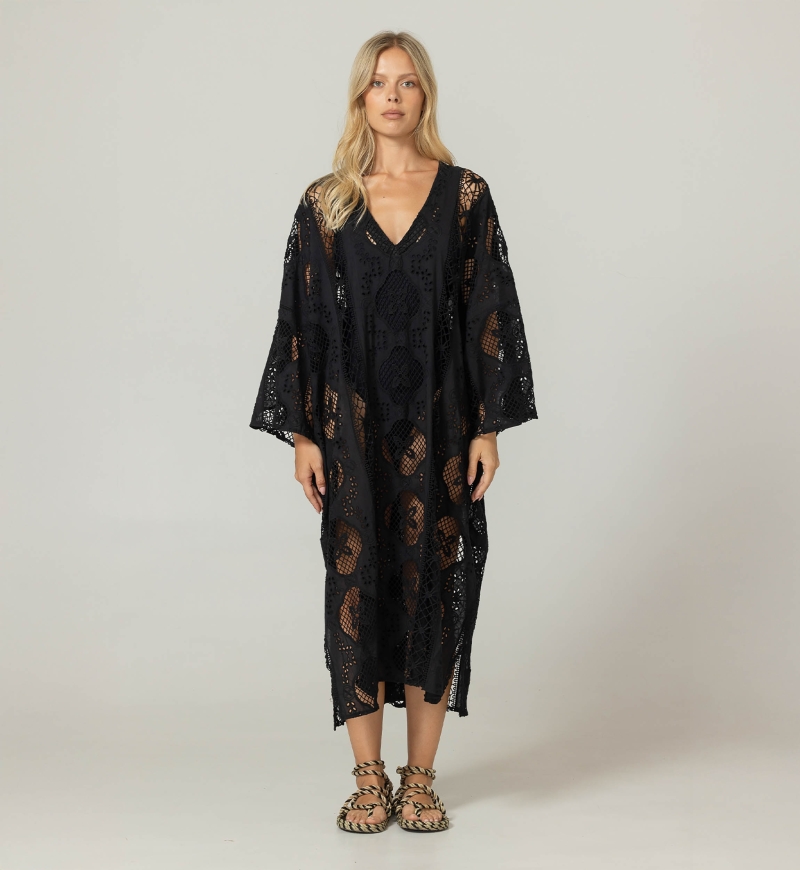 Long Eden Caftan Black - English Embroidery - 100% Cotton - Miss June Paris - 3