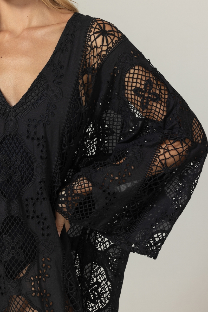 Caftan long Eden noir - Broderie anglaise - 100% coton - Miss June Paris - 5