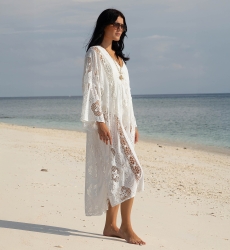 Caftan long Eden blanc - Broderie anglaise - 100% coton - Miss June Paris - 1