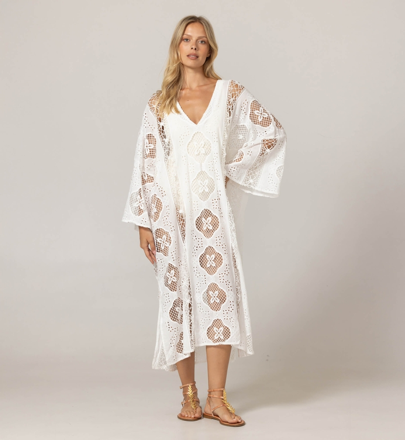 Caftan long Eden blanc - Broderie anglaise - 100% coton - Miss June Paris - 3