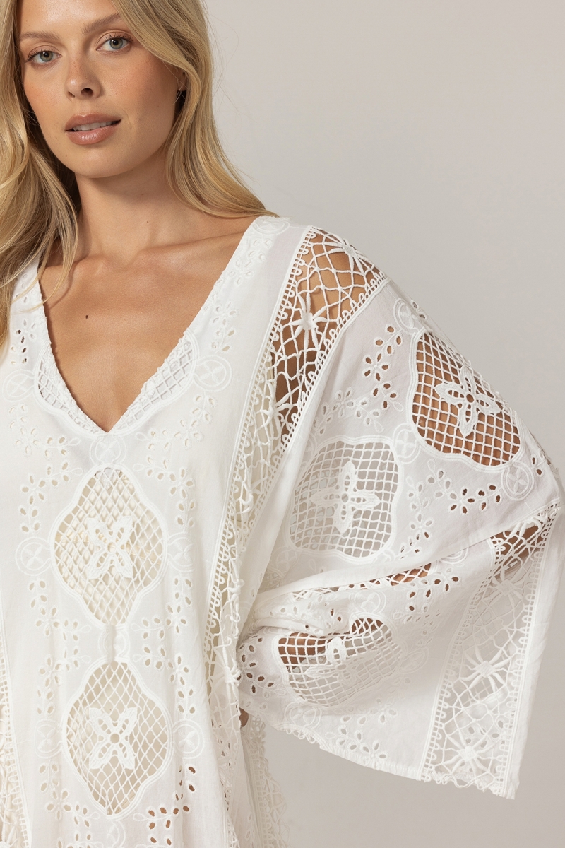 Caftan long Eden blanc - Broderie anglaise - 100% coton - Miss June Paris - 5