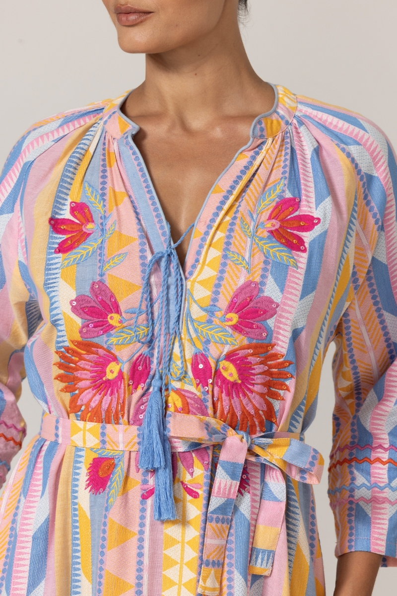 Robe longue Naya - Rayures pastel - Plastron en broderies florales - 100% coton - Miss June Paris - 5