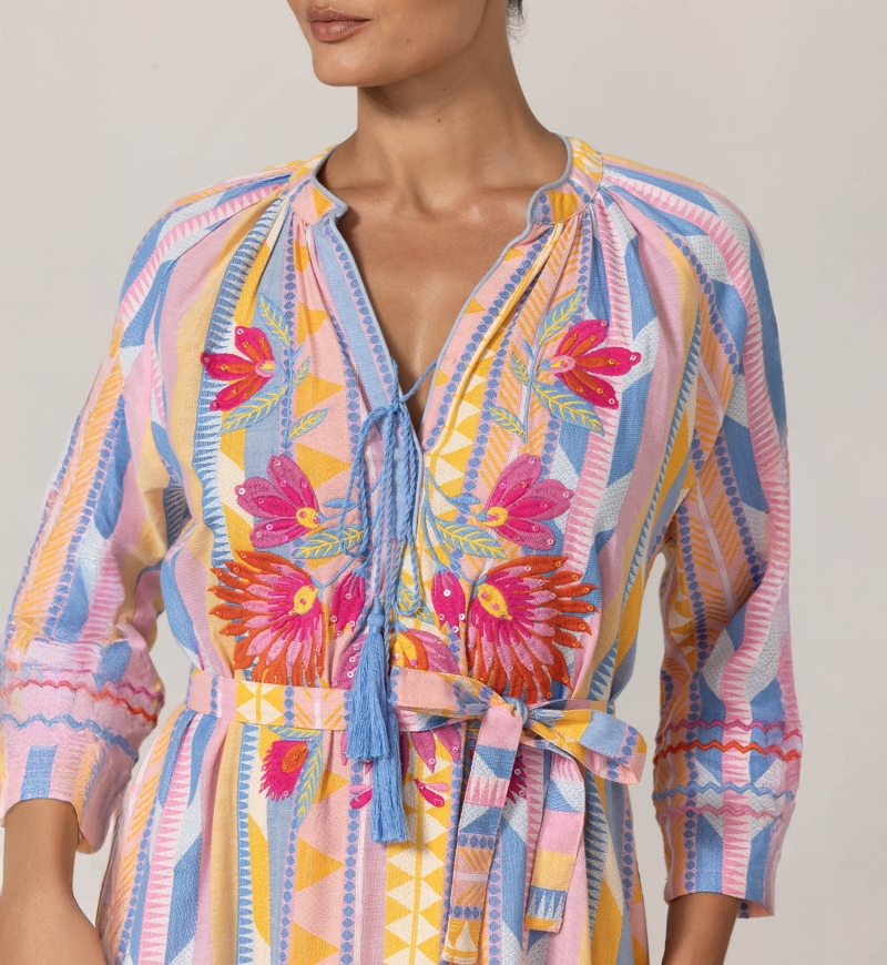 Naya Long Dress - Pastel Stripes - Floral Embroidery Yoke - 100% Cotton - Miss June Paris - 5