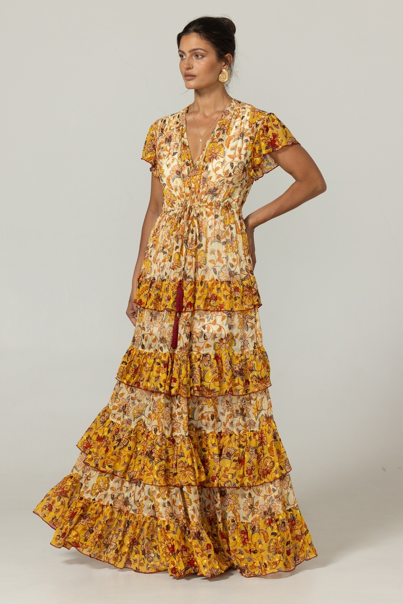 Vestido largo Raya - Enlace para atar - Volantes aireados - Motivos florales - Miss June Paris - 3