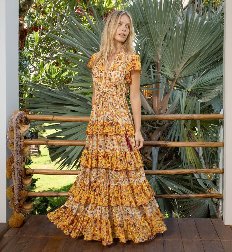 Vestido largo Raya - Enlace para atar - Volantes aireados - Motivos florales - Miss June Paris - 2