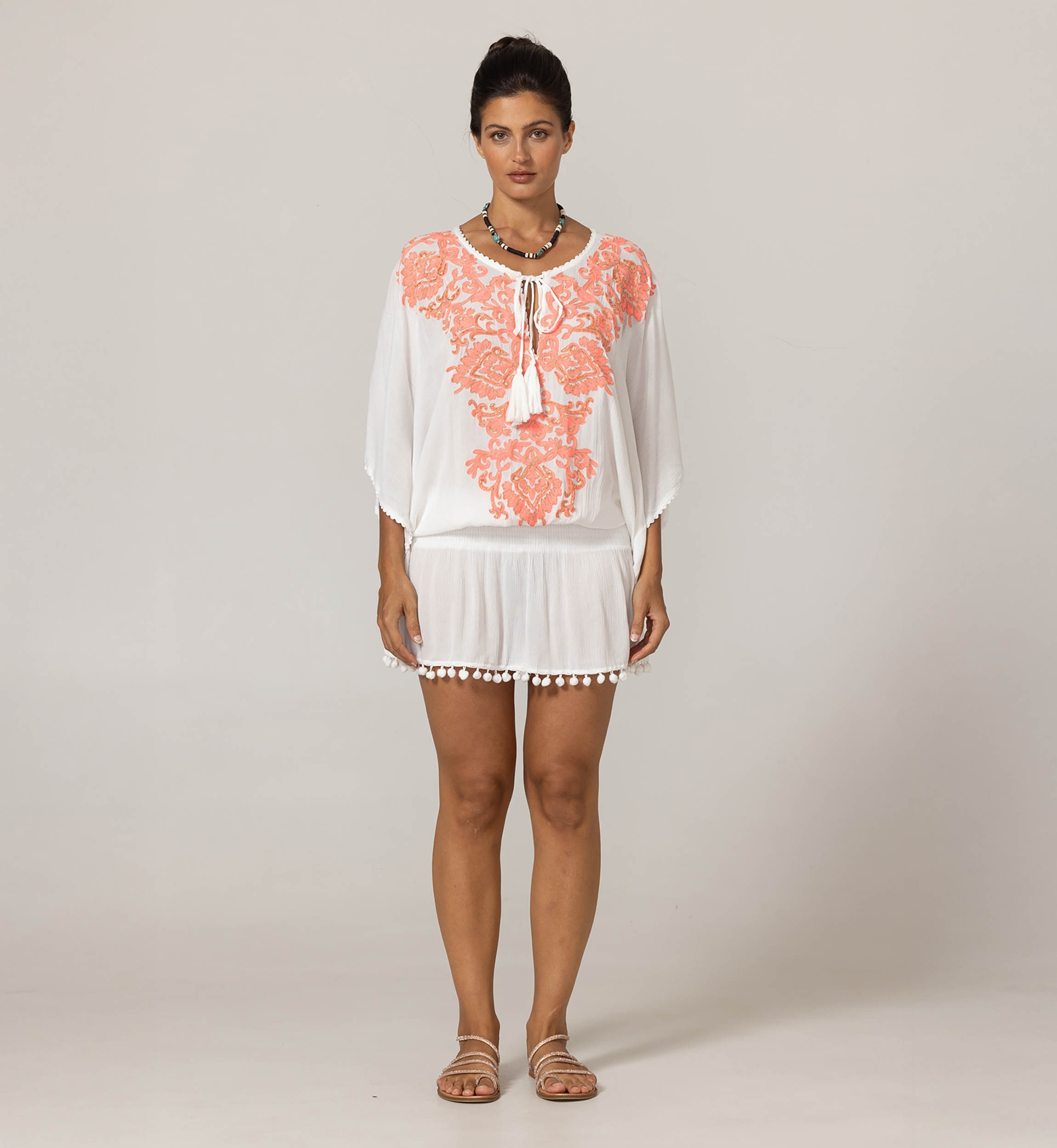 Short Dress Natalya: white color - chest decorated with tube-shaped pearls - pink/neon - mini dress - Miss June Paris - 3