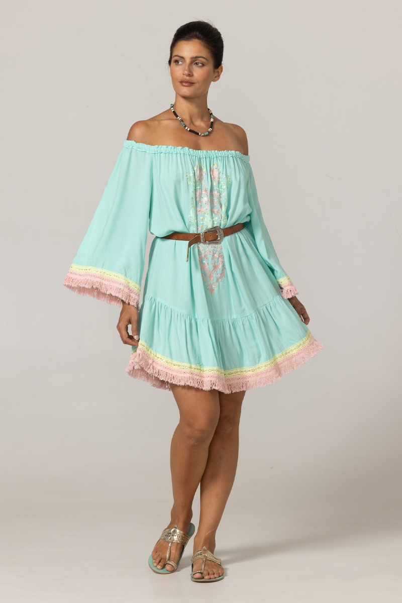 Robe Courte Azra : aqua - plastron brodé - épaules dénudées - 100% Modal - franges en coton - Miss June Paris - 3
