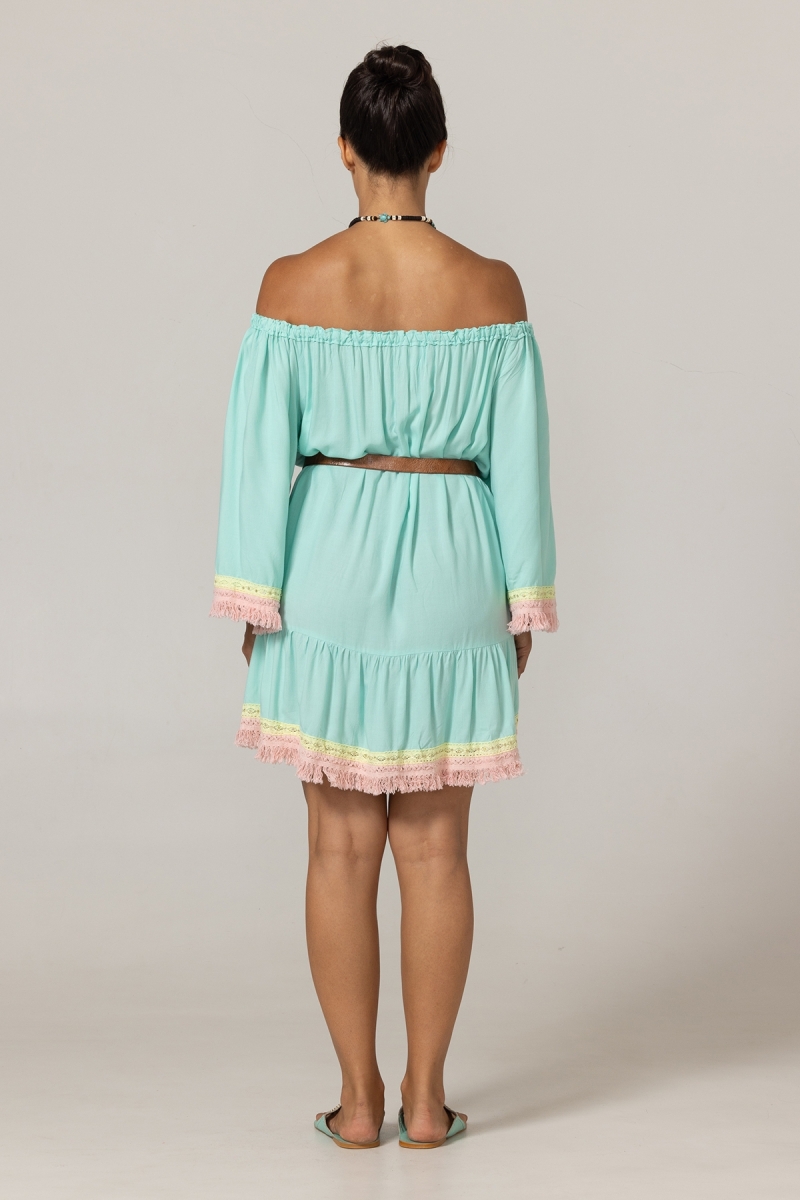 Robe Courte Azra : aqua - plastron brodé - épaules dénudées - 100% Modal - franges en coton - Miss June Paris - 4