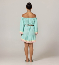 Robe Courte Azra : aqua - plastron brodé - épaules dénudées - 100% Modal - franges en coton - Miss June Paris - 4