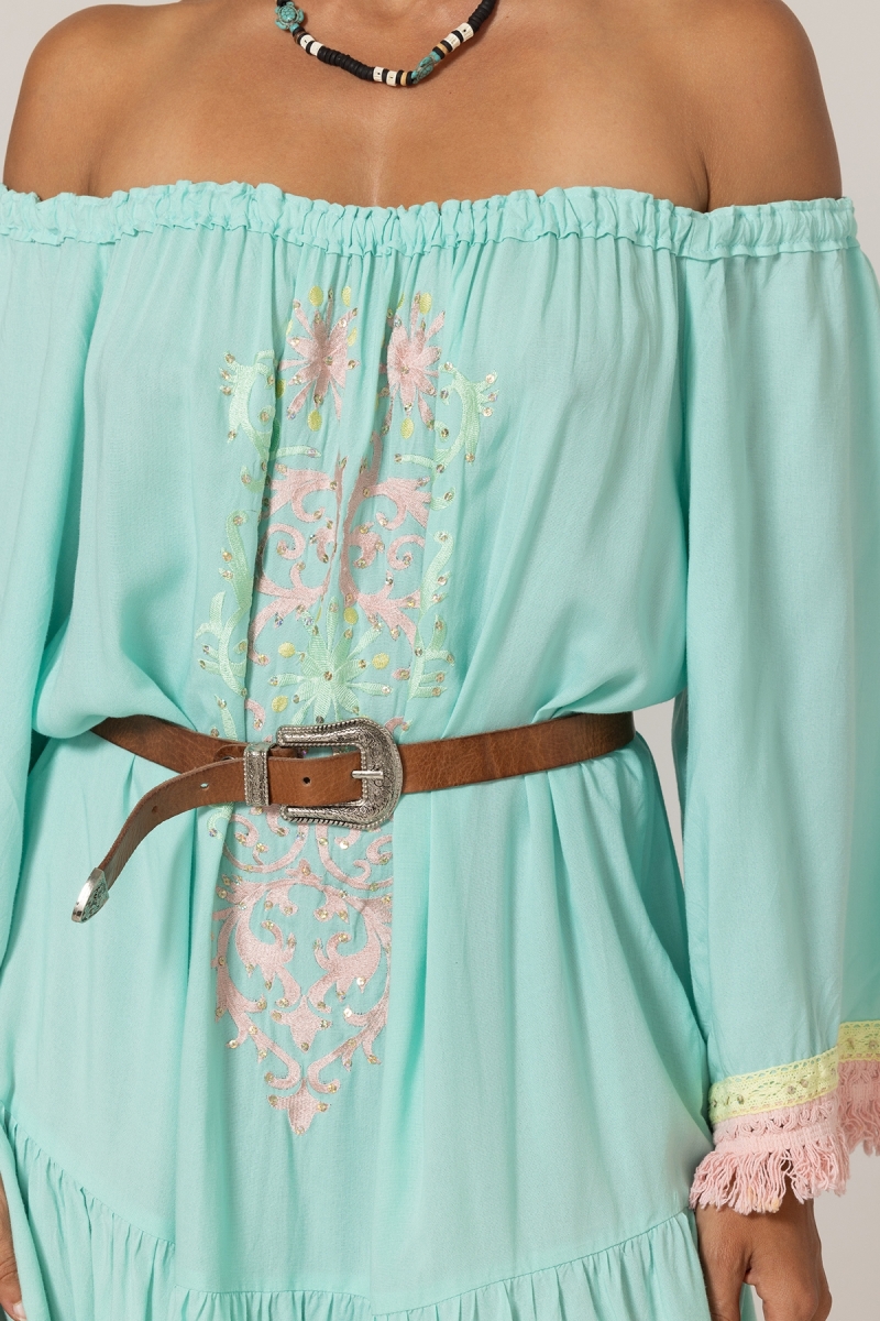 Robe Courte Azra : aqua - plastron brodé - épaules dénudées - 100% Modal - franges en coton - Miss June Paris - 5