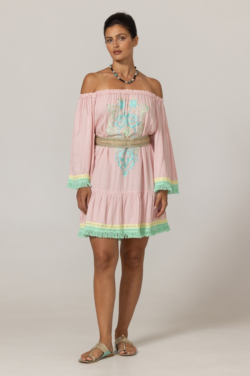 Robe Courte Azra : rose - plastron brodé - épaules dénudées - 100% Modal - franges en coton - Miss June Paris - 3