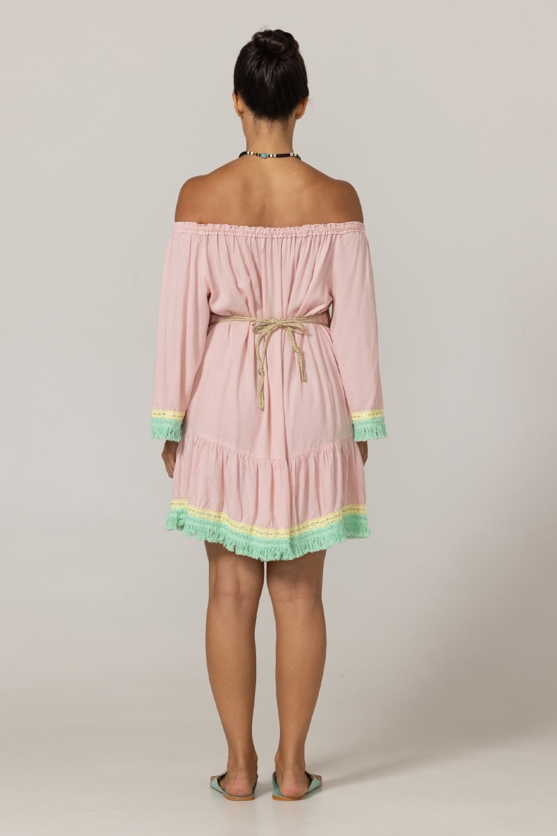 Vestido Corto Azra: rosado - pechera bordada - hombros descubiertos - 100% Modal - flecos de algodón - Miss June Paris - 4