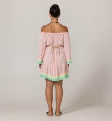 Robe Courte Azra : rose - plastron brodé - épaules dénudées - 100% Modal - franges en coton - Miss June Paris - 4