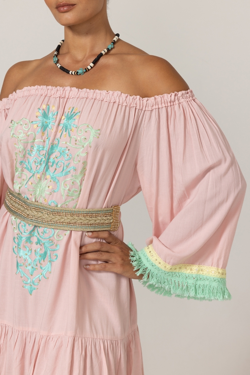 Robe Courte Azra : rose - plastron brodé - épaules dénudées - 100% Modal - franges en coton - Miss June Paris - 5