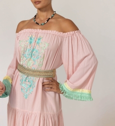 Azra Short Dress: pink - embroidered bib - off-shoulder - 100% Modal - cotton fringes - Miss June Paris - 5