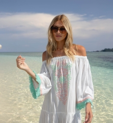 Azra Short Dress: white - embroidered bib - off-shoulder - 100% Modal - cotton fringes - Miss June Paris - 2