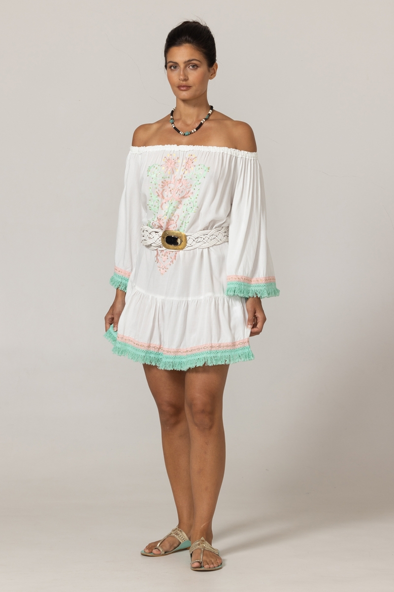 Robe Courte Azra : blanche - plastron brodé - épaules dénudées - 100% Modal - franges en coton - Miss June Paris - 3