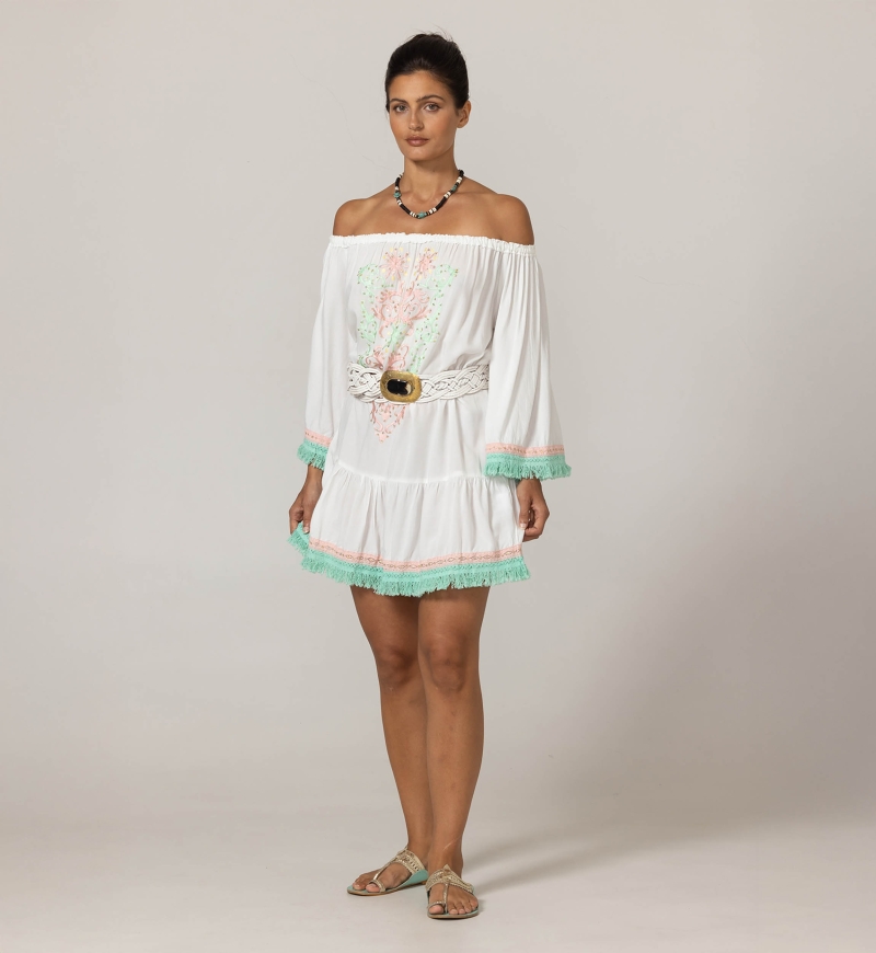 Robe Courte Azra : blanche - plastron brodé - épaules dénudées - 100% Modal - franges en coton - Miss June Paris - 3