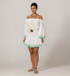 Robe Courte Azra : blanche - plastron brodé - épaules dénudées - 100% Modal - franges en coton - Miss June Paris - 3