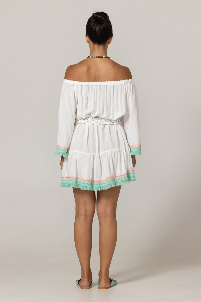 Robe Courte Azra : blanche - plastron brodé - épaules dénudées - 100% Modal - franges en coton - Miss June Paris - 4